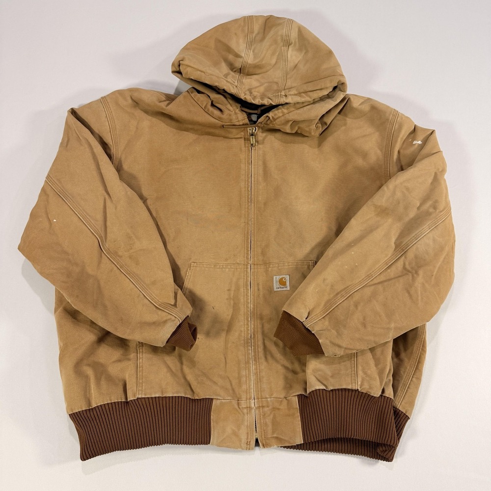 Carhartt Distressed Jacket Mens 3XL Brown Canvas Duck Hooded Full Zip J140